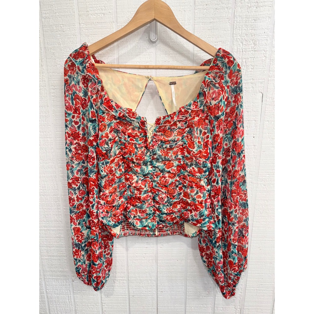 Free People Floral Blouse Women Red Ruched Lace Up Balloon Sleeve Size M